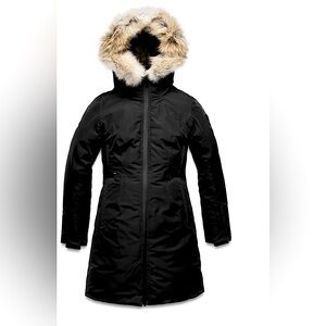 Nobis “Scout parka” black, fox fur collar, size 8. waterproof with thumb holes.